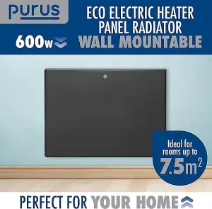 Purus Electric Panel Heater 600W Eco Radiator Grey Wall Mounted & Freestanding Thermostat Control & Setback Timer Lot 20