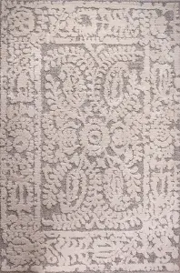 Grey White Floral Damask Plush Scandi Area Rug 80x150cm