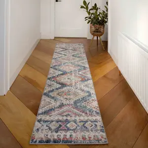 Red Blue Scandi Style Distressed Fireside Rug 80cm x 150cm