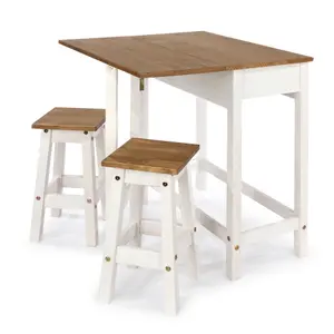 Corona breakfast drop leaf table & 2 stools set, white waxed pine