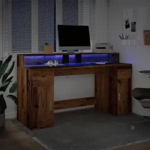 Berkfield Desk with LED Lights Old Wood 160x55x91 cm Engineered Wood