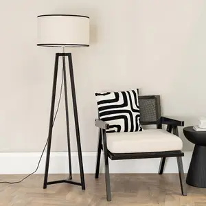 ValueLights Lottie Black Wood Tripod Floor Lamp with Linen Black Trim Drum Shade & LED Bulb