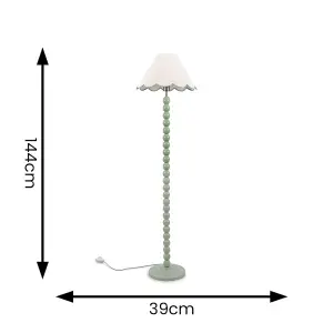 ValueLights Bobbles Sage Green Bobbin Floor Lamp with Green Trim Scallop Shade