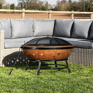 Teamson Home Outdoor Wood Burning Fire Pit, Round Metal Garden Heater, Log Burner, Includes Lid & Poker - 88.5 x 88.5 x 64 (cm)