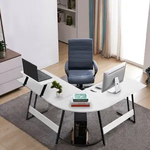 L-Shaped Metal Base Computer Desk White/Black / 74 H x 130 W x 130 D