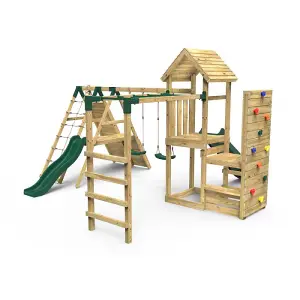 Rebo Wooden Climbing Frame with Vertical Rock Wall, Swing Set and Slide - Pennine+