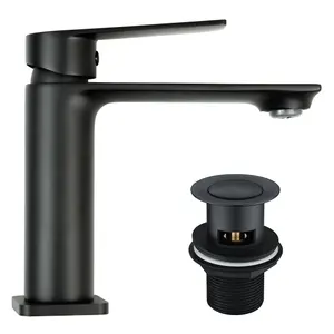 Bathroom Basin Mono Mixer Tap & Bath Shower Mixer Set Including Wastes - Matt Black