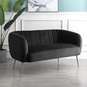 Matilda 137cm Wide Black Ruched Back Velvet 2 Seat Sofa with Brass Coloured Steel Legs