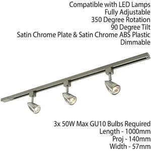 1m Adjustable Ceiling Track Spotlight Kit Satin Chrome 3x GU10 Downlight Rail