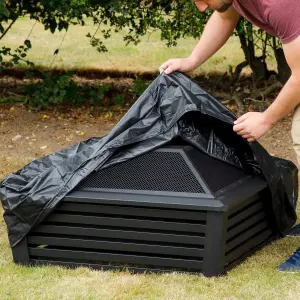 35" Square Outdoor Fire Pit, Mesh Screen Lid, Black with Water Resistant Drawstring Cover - DG238