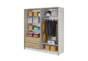 Sara Mirrored Wardrobe 2000mm with Drawers in White and Oak Artisan