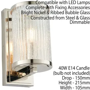 Dimmable LED Wall Light Nickel & Ribbed Bubble Glass Shade Hanging Lamp Fitting