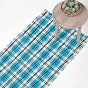 Homescapes Irvine Handwoven Blue Tartan 100% Cotton Rug, 66 x 200 cm