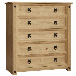 Vida Designs Corona Rustic 5 Drawer Chest Mexican Solid Waxed Pine (H)900mm (W)800mm (D)410mm