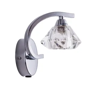 Single Right Curved Wall Light and Sconce, Clear Glass Shade, Polished Chrome Finish