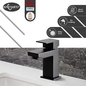 BATHWEST Matte Black Square Basin Taps with Drain Basin Mixer Taps with Pop Up Waste Monobloc Brass Basin Taps with Sink