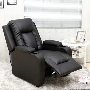 Manual Pushback Recliner Chair With Compact Living Room Design And Cup Holders In Black Bonded Leather