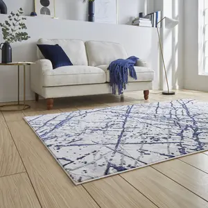 Blue Silver Abstract Easy to Clean Modern Rug For Dining Room Bedroom and Living Room-120cm X 170cm