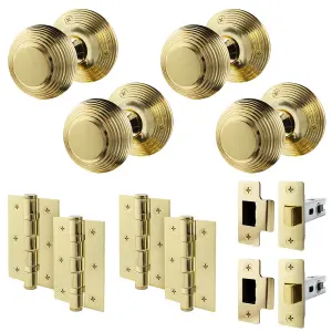 AFIT Beehive Door Knob Set Polished Brass - 2 Pairs of Reeded Mortice Knobs (55mm), Latch (76mm) & Hinges (76mm) for Internal Door