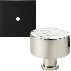 Cabinet Door Knob & Contrasting Backplate Set - Hammered Kitchen Pull - Polished Nickel & Black