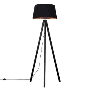 ValueLights Barbro Black Wood Tripod Design Floor Lamp with Black/Copper Geometric Shade - Complete with 6w LED GLS Bulb