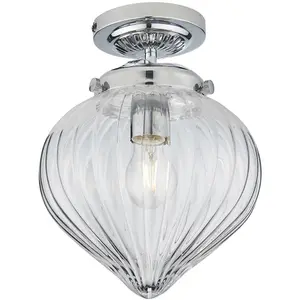 Decorative Flush Bathroom Ceiling Light Fitting - Clear Ribbed Glass Shade