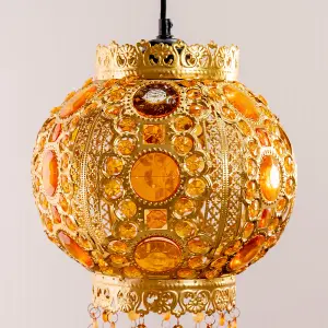 ValueLights Moroccan Bazaar Style Easy Fit Gold Chandelier Ceiling Light Shade with Jewel Droplets - Bulb Included