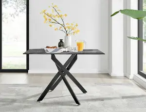 Furniturebox UK Leonardo Grey Glass Marble Effect Black Leg Table & 4 Blue Pesaro Black Leg Chairs