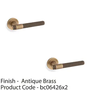 2 PACK - SOLID BRASS Knurled Door Handle Set - Antique Brass Bar Lever on Round Rose