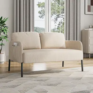 2-Seat Off-White Corduroy Sofa with Two Pillows for Living Room Bedroom or Study