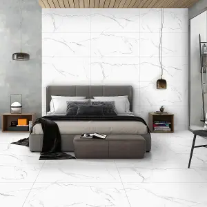 Santiago Gloss White Marble Effect Porcelain Wall & Floor Tile - Pack of 16 Tiles, 11m² - (L)600(W)1200mm