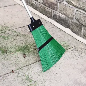 JVL Outdoor Garden Hard Bristled Broom Brush Rake with Extendable Handle, Green