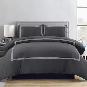 My Home Store Junco Microfiber 3 Piece Luxury Bratta Stitch Duvet Cover Sets With Pillowcase Charcoal/White / Double - 2 Standard Pillowcases