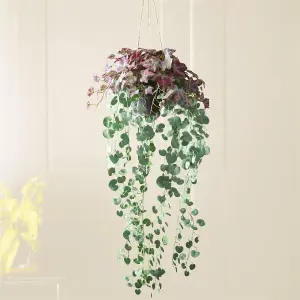 Bloom Artificial Hanging Basket with Purple Tongue & String of Heart Plants - Faux Fake Houseplant Home Decoration - H100 x W40cm