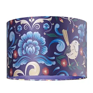 Vivid Floral Midnight Blue Satin Fabric 12 Drum Lamp Shade with Bird Decoration