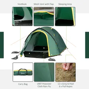 Outsunny Compact Camping Tent w/ Vestibule & Mesh Vents for Hiking Green