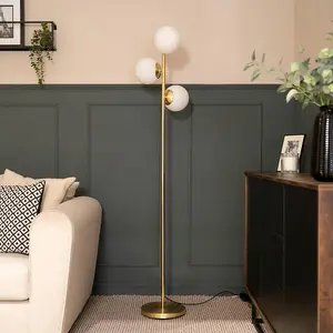 ValueLights Jas 3 Light Gold Metal Stem Floor Lamp with White Frosted Glass Shades - Bulbs Included