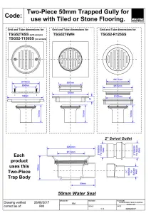 McAlpine TSG52-T150SS Two Piece 50mm Water Seal Trapped Gully, Tile/Grating with removable Grid, 2" Horizontal Outlet