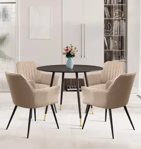 Hallowood Furniture Finley Small Round Dining Table in Black Finish with 4 Light Brown Fabric Armed Chairs