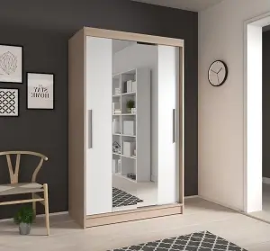 Modern Oak Sonoma & White Sliding Door Wardrobe W1200mm H2000mm D610mm with Mirrored Design