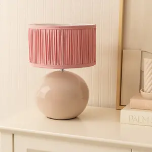 ValueLights Bosco Stone Ceramic Table Lamp with Ruched Pleated Blush Pink Fabric Drum Lamp Shade