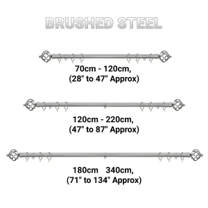 A.Unique Home Twisted Metal Extendable Curtain Pole with Rings and Fittings (25/28mm) - Brushed Steel , 70cm - 120cm  Approx