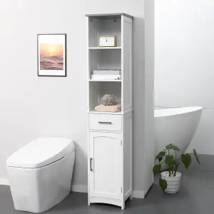 kleankin Tall Bathroom Storage Cabinet, Slim Freestanding Linen Tower, White