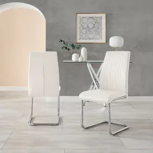 Set of 2 Lorenzo White High Back Stitched Soft Touch Faux Leather Chromed Cantilever Metal Leg Dining Chairs