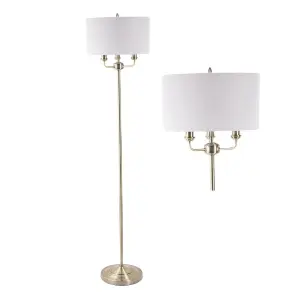 First Choice Lighting 3 Light Antique Brass Floor Standard Light with Grey Fabric Shade