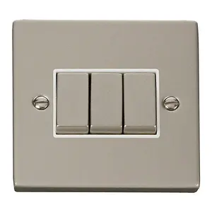 Pearl Nickel 10A 3 Gang 2 Way Ingot Light Switch - White Trim - SE Home