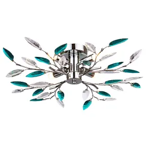 Modern Semi Flush Chrome Ceiling Light with Teal Acrylic Leaves