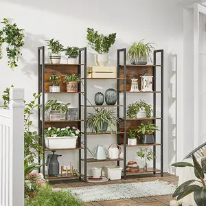 VASAGLE Shelving Unit, Bookcase, 14 Shelves Bookshelf, Metal Frame, Industrial, Rustic Brown and Ink Black