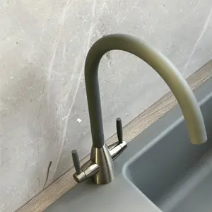 Liquida LB01GR Swan Neck Twin Lever Brushed Steel and Grey Kitchen Tap