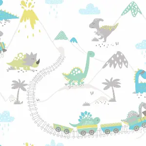 Dino Town Dinosaur Wallpaper Grey / Teal Holden 12531